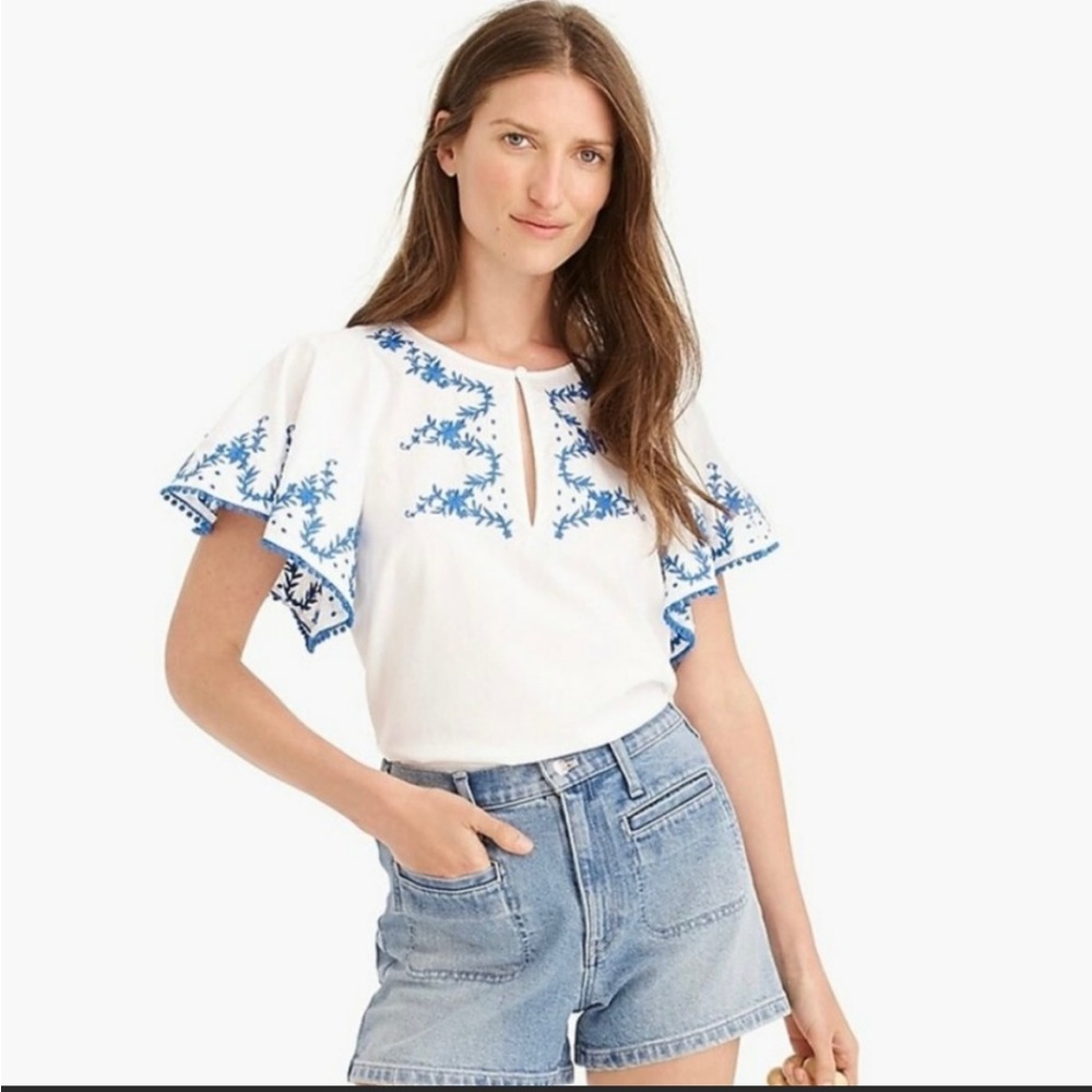 JCrew Flutter-Sleeve Top with Embroidered Trim - M